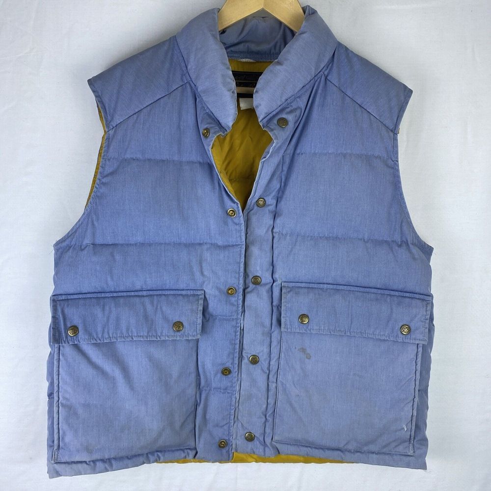 Vintage Eddie Bauer Puffer Vest Goose Down Filled Sz Large Made in USA Blue Gold
